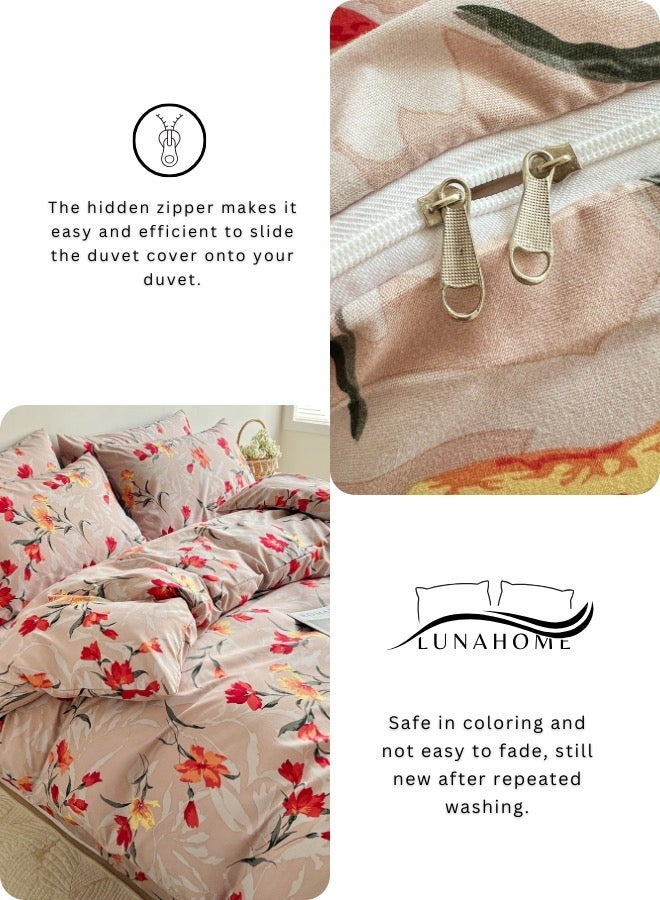 LUNA Home King size 6-piece (1 Duvet cover - 220*240cm. 1 Fitted sheet - 200*200cm+30cm. 4 Pillow covers - 50*75cm. ) Suitable for king size mattress. Modern bedding set beige with orange and red floral. - Image 5